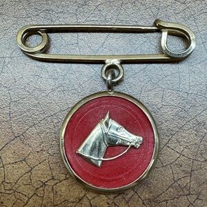 Vintage Horse Head Brooch with Red Enamel